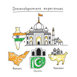 A hand-drawn illustration that depicts the development experiences of India, China, and Pakistan, incorporating their religious symbols