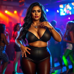 A captivating and sexy scene featuring a stunning South Asian mature woman with beautiful fair skin, showcasing her curvy, busty figure that embodies an hourglass shape