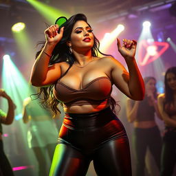 A captivating and sexy scene featuring a stunning South Asian mature woman with beautiful fair skin, showcasing her curvy, busty figure that embodies an hourglass shape