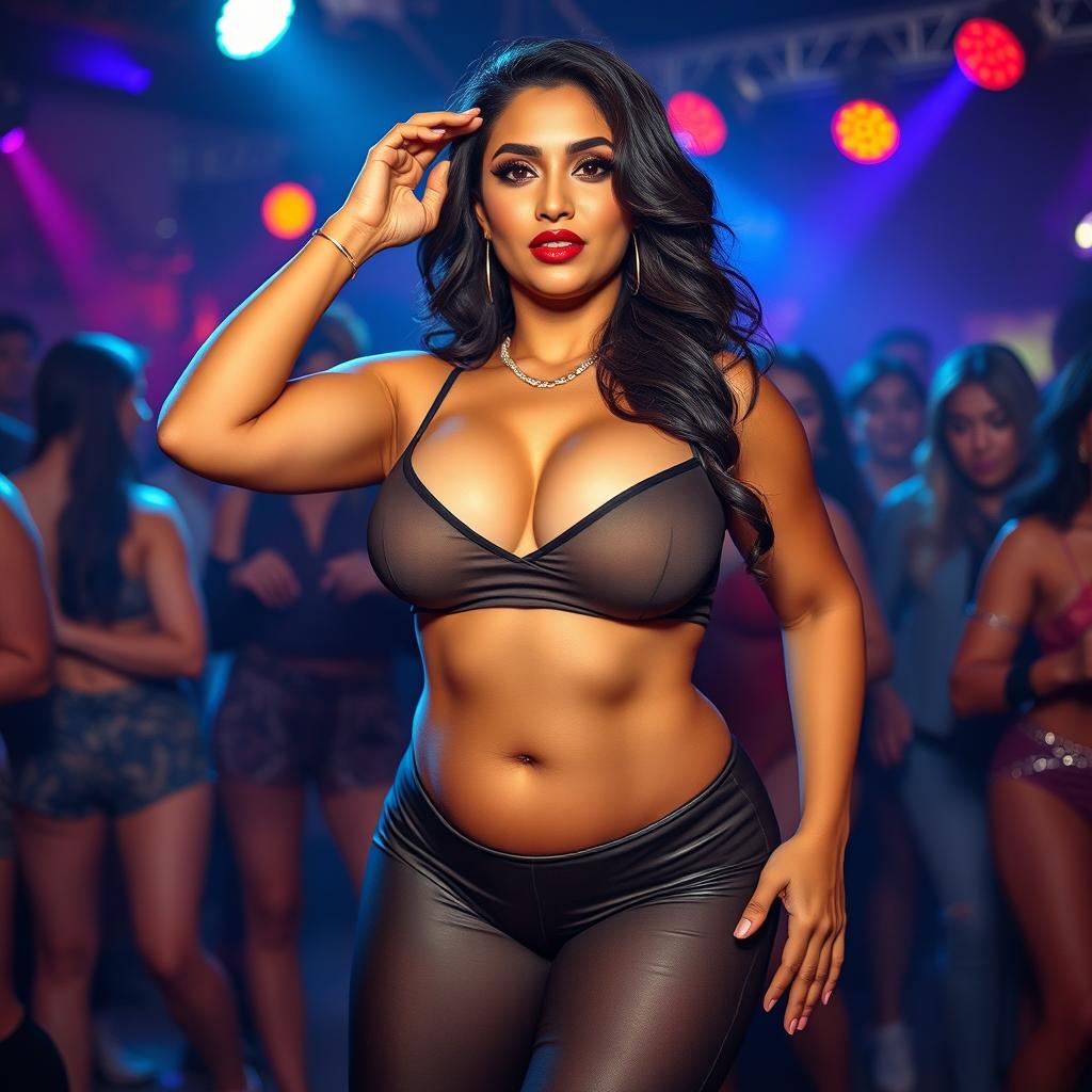 A captivating and sexy scene featuring a stunning South Asian mature woman with beautiful fair skin, showcasing her curvy, busty figure that embodies an hourglass shape