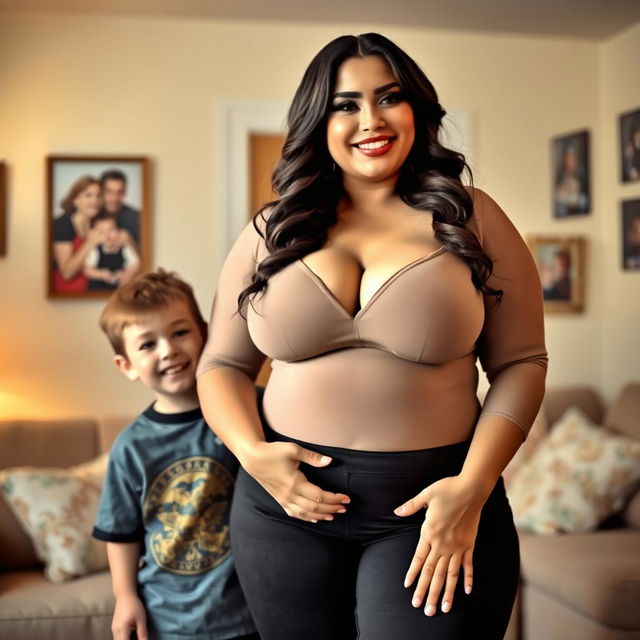 A voluptuous woman with big breasts, wearing a stylish and form-fitting outfit that accentuates her curves, standing confidently in a cozy family setting