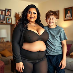 A voluptuous woman with big breasts, wearing a stylish and form-fitting outfit that accentuates her curves, standing confidently in a cozy family setting