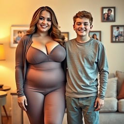 A voluptuous woman with big breasts, wearing a stylish and form-fitting outfit that accentuates her curves, standing confidently in a cozy family setting