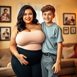 A voluptuous woman with big breasts, wearing a stylish and form-fitting outfit that accentuates her curves, standing confidently in a cozy family setting