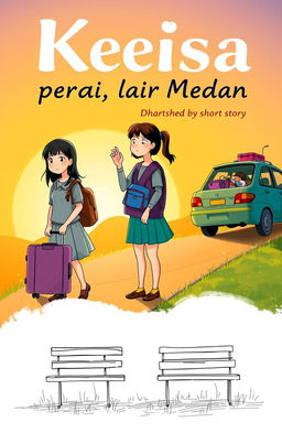 A cover illustration for a short story titled 'Keisa, Pergi dari Medan', featuring two teenage girls