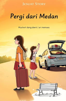 A cover illustration for a short story titled 'Keisa, Pergi dari Medan', featuring two teenage girls
