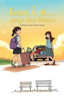 A cover illustration for a short story titled 'Keisa, Pergi dari Medan', featuring two teenage girls