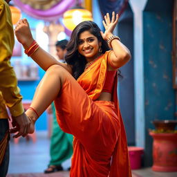 A dynamic scene featuring a stunning South Asian woman in a beautiful and hot traditional saree, showcasing her elegance and curves