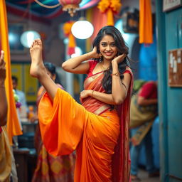 A dynamic scene featuring a stunning South Asian woman in a beautiful and hot traditional saree, showcasing her elegance and curves