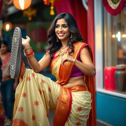 A dynamic scene featuring a stunning South Asian woman in a beautiful and hot traditional saree, showcasing her elegance and curves