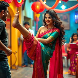 A dynamic scene featuring a stunning South Asian woman in a beautiful and hot traditional saree, showcasing her elegance and curves