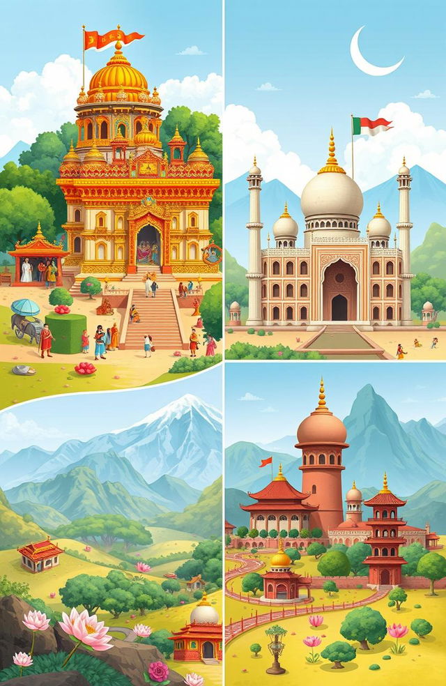 A comparative illustration depicting the development experiences of India, China, and Pakistan, focusing on their respective religions