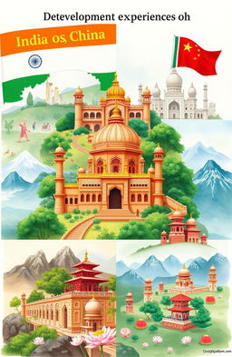 A comparative illustration depicting the development experiences of India, China, and Pakistan, focusing on their respective religions