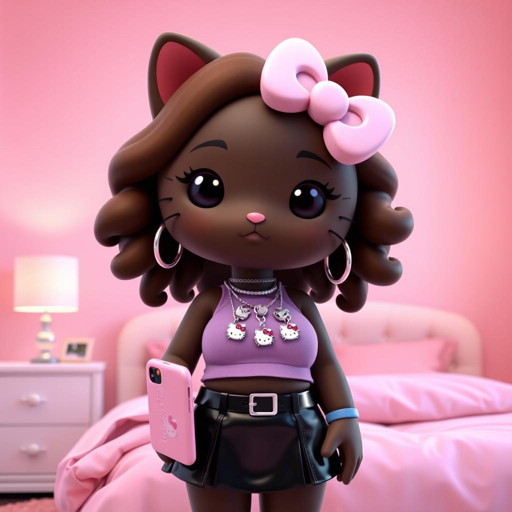 A stylized 3D representation of Hello Kitty in a pastel pink themed bedroom, exuding a cute and modern aesthetic