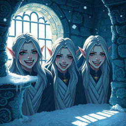 An anime-style illustration set inside a snowy fantasy jail, featuring a haunting scene where the faces of three elven women with sharp metallic teeth emerge from the shadows