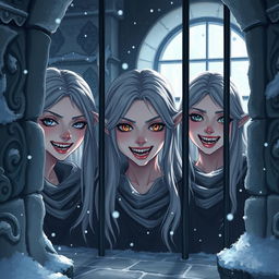 An anime-style illustration set inside a snowy fantasy jail, featuring a haunting scene where the faces of three elven women with sharp metallic teeth emerge from the shadows
