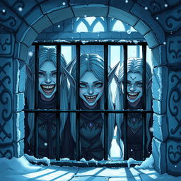 An anime-style illustration set inside a snowy fantasy jail, featuring a haunting scene where the faces of three elven women with sharp metallic teeth emerge from the shadows