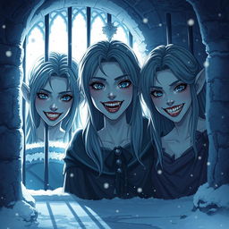 An anime-style illustration set inside a snowy fantasy jail, featuring a haunting scene where the faces of three elven women with sharp metallic teeth emerge from the shadows