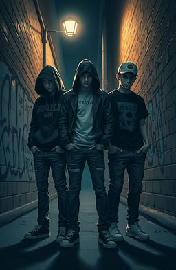Three shadowy figures representing teenage characters with an aura of mystery