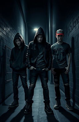 Three shadowy figures representing teenage characters with an aura of mystery
