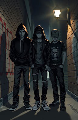 Three shadowy figures representing teenage characters with an aura of mystery