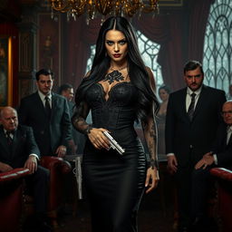 A dark retelling of Snow White as a mafia princess, featuring a powerful and fierce woman with long, raven-black hair, dressed in an elegant, fitted black gown adorned with intricate lace and sequins