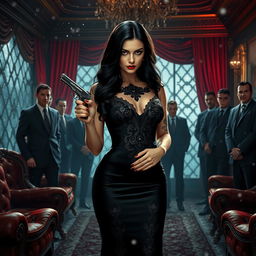 A dark retelling of Snow White as a mafia princess, featuring a powerful and fierce woman with long, raven-black hair, dressed in an elegant, fitted black gown adorned with intricate lace and sequins