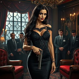 A dark retelling of Snow White as a mafia princess, featuring a powerful and fierce woman with long, raven-black hair, dressed in an elegant, fitted black gown adorned with intricate lace and sequins