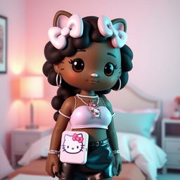 A stylized 3D representation of Hello Kitty in a pastel pink themed bedroom, featuring a cute and modern look