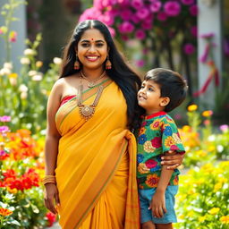 A voluptuous Indian mother with big breasts, elegantly dressed in a traditional saree that enhances her curves, standing confidently with a cheerful smile