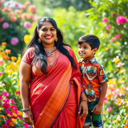 A voluptuous Indian mother with big breasts, elegantly dressed in a traditional saree that enhances her curves, standing confidently with a cheerful smile