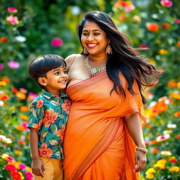 A voluptuous Indian mother with big breasts, elegantly dressed in a traditional saree that enhances her curves, standing confidently with a cheerful smile