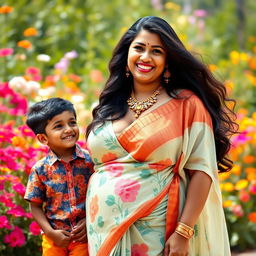 A voluptuous Indian mother with big breasts, elegantly dressed in a traditional saree that enhances her curves, standing confidently with a cheerful smile