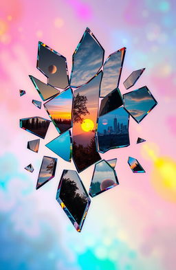 A surreal scene titled 'A Broken Reality', featuring an abstract composition of shattered glass pieces reflecting various distorted landscapes