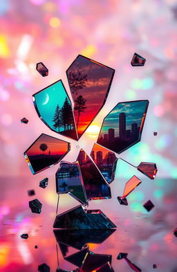 A surreal scene titled 'A Broken Reality', featuring an abstract composition of shattered glass pieces reflecting various distorted landscapes