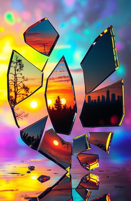 A surreal scene titled 'A Broken Reality', featuring an abstract composition of shattered glass pieces reflecting various distorted landscapes