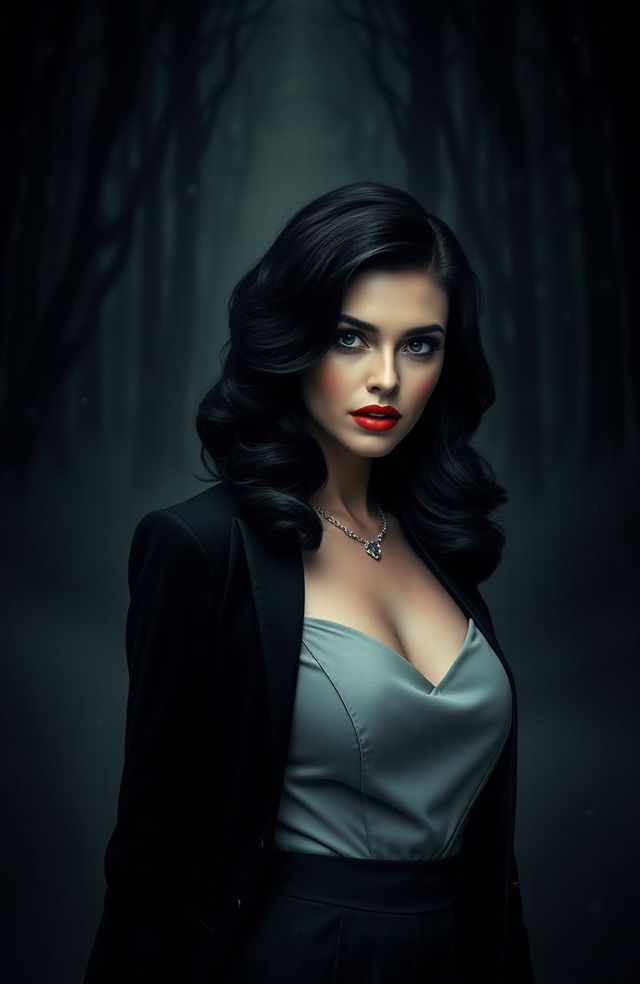 A dark retelling of Snow White as a mafia princess, featuring an elegant and mysterious woman with raven black hair styled in soft waves, dressed in a glamorous yet understated outfit blending a modern twist on classic mafia attire