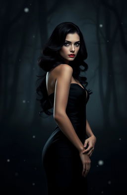 A dark retelling of Snow White as a mafia princess, featuring an elegant and mysterious woman with raven black hair styled in soft waves, dressed in a glamorous yet understated outfit blending a modern twist on classic mafia attire
