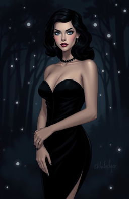 A dark retelling of Snow White as a mafia princess, featuring an elegant and mysterious woman with raven black hair styled in soft waves, dressed in a glamorous yet understated outfit blending a modern twist on classic mafia attire