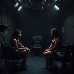 A tense and dramatic scene set in an interrogation room, featuring intriguing South Asian mistresses who are portrayed with a sense of power and authority