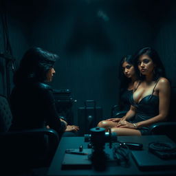 A tense and dramatic scene set in an interrogation room, featuring intriguing South Asian mistresses who are portrayed with a sense of power and authority
