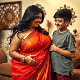 An alluring scene featuring a voluptuous Indian woman with big breasts, adorned in a vibrant traditional saree that accentuates her curves