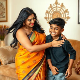 An alluring scene featuring a voluptuous Indian woman with big breasts, adorned in a vibrant traditional saree that accentuates her curves