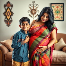 An alluring scene featuring a voluptuous Indian woman with big breasts, adorned in a vibrant traditional saree that accentuates her curves