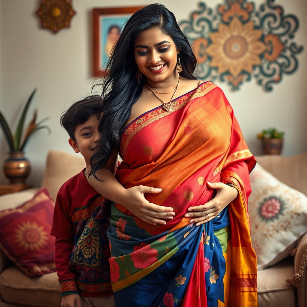 An alluring scene featuring a voluptuous Indian woman with big breasts, adorned in a vibrant traditional saree that accentuates her curves