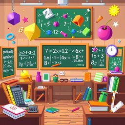A pixel art scene showcasing the theme of mathematics, featuring various mathematical elements and symbols