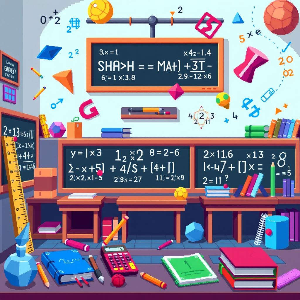 A pixel art scene showcasing the theme of mathematics, featuring various mathematical elements and symbols