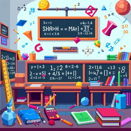 A pixel art scene showcasing the theme of mathematics, featuring various mathematical elements and symbols