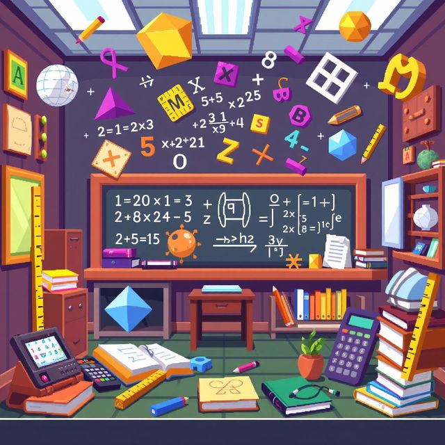 A pixel art scene showcasing the theme of mathematics, featuring various mathematical elements and symbols