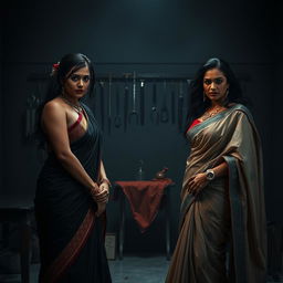 A dramatic and intense scene set within an interrogation room, featuring two South Asian mistresses dressed in elegant sarees, exuding authority and power